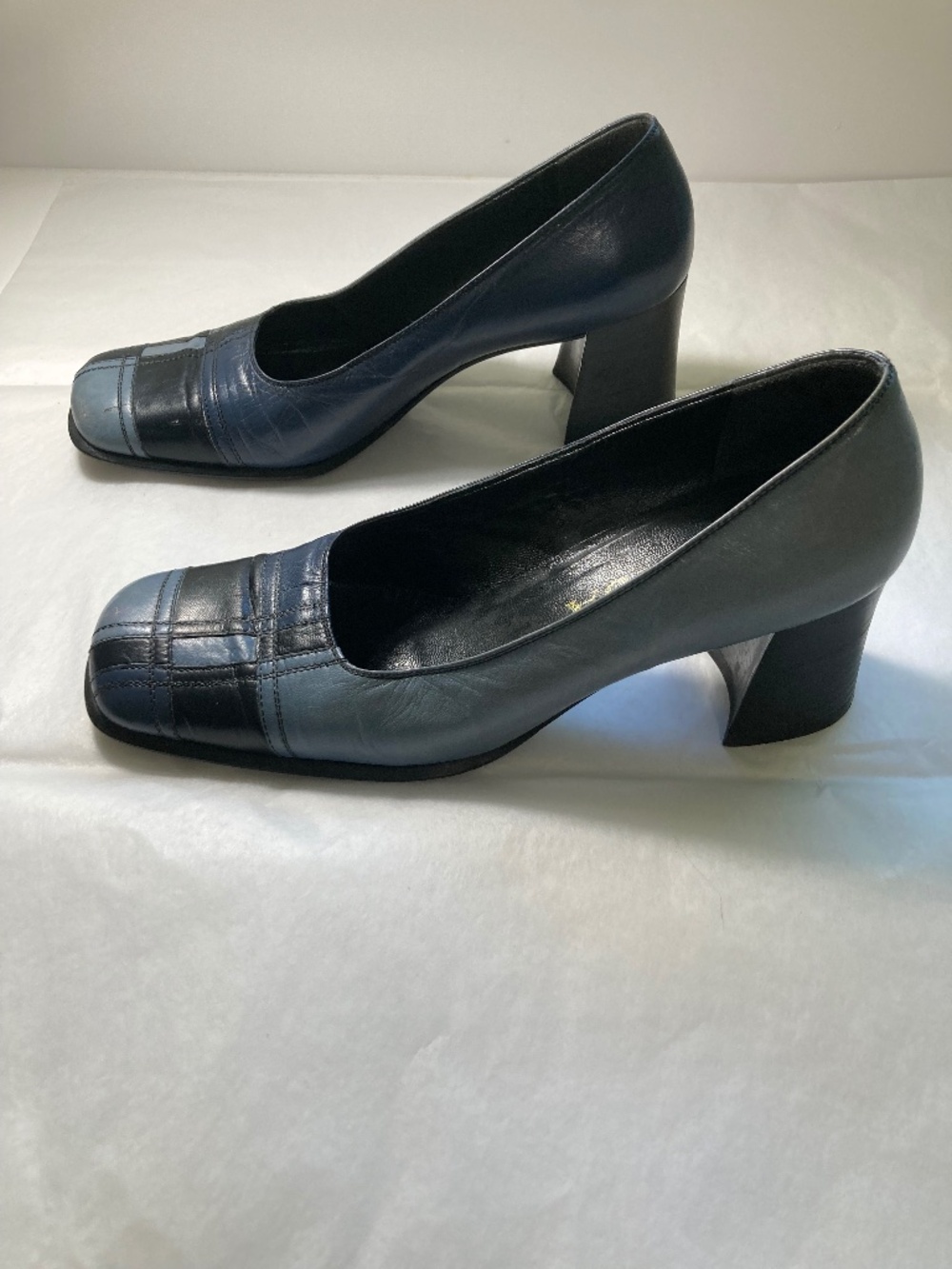PRADA S6 Block Heel Leather Multi-Tone Blue Leather Pumps